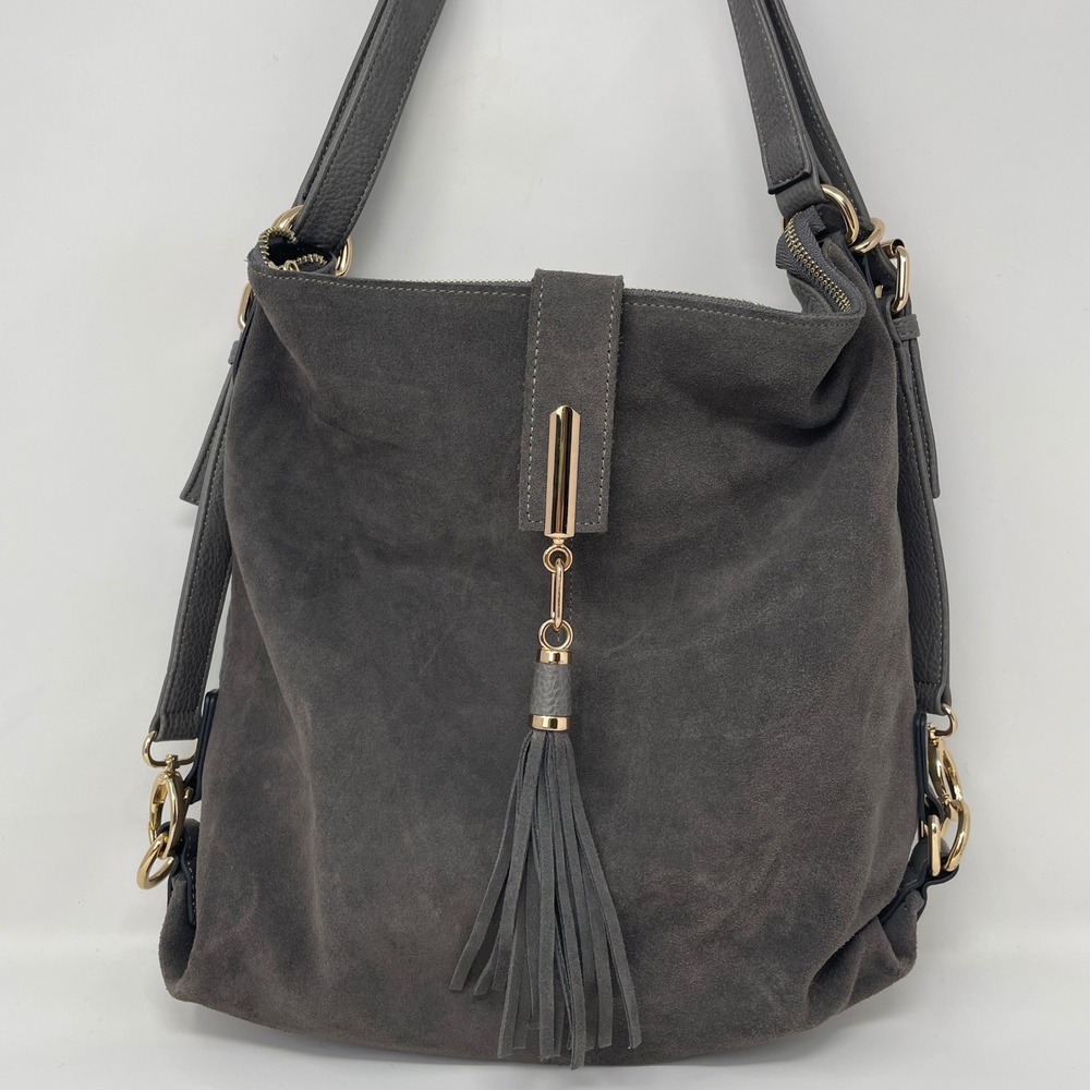 Nico Louise‎ Gray Suede Pebbled Faux Leather Boho Tassel Hobo Shoulder Bag Gold